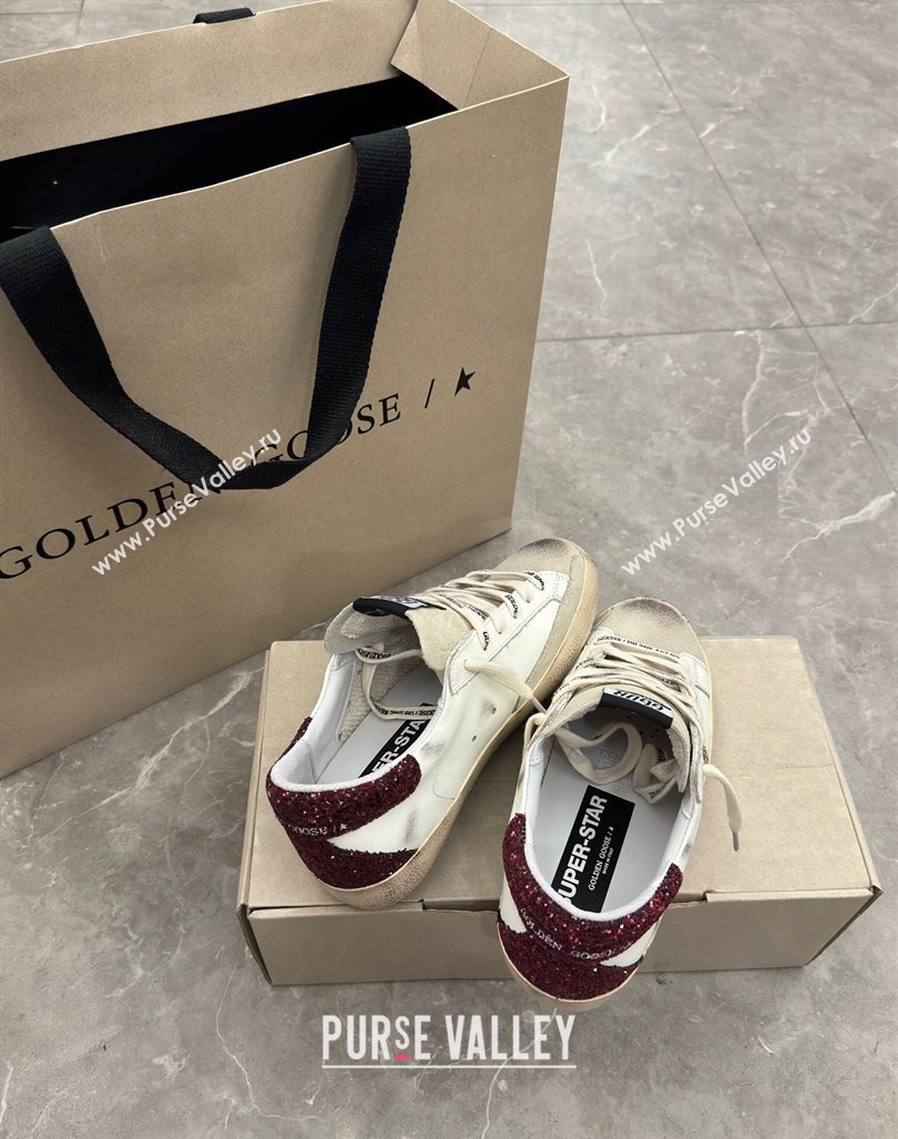 Golden Goose Super-Star Sneakers in white leather with silver glitter star and burgundy heel 2024 (13-241009057)