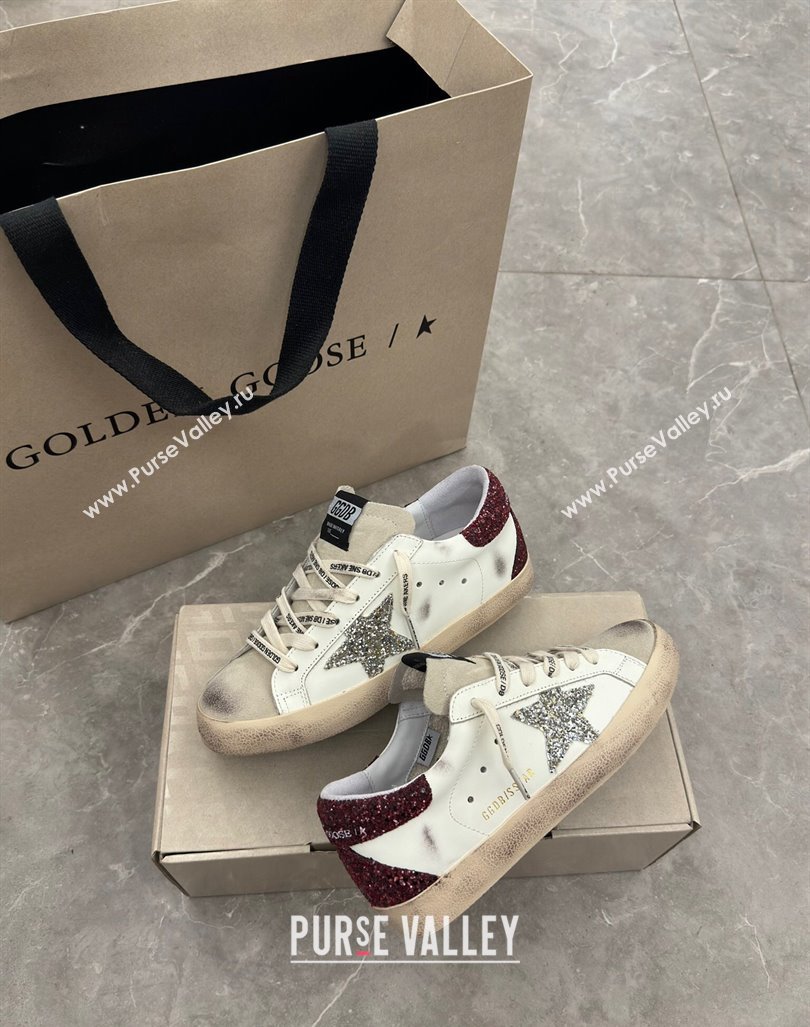 Golden Goose Super-Star Sneakers in white leather with silver glitter star and burgundy heel 2024 (13-241009057)