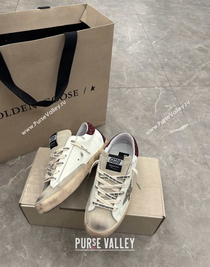 Golden Goose Super-Star Sneakers in white leather with silver glitter star and burgundy heel 2024 (13-241009057)