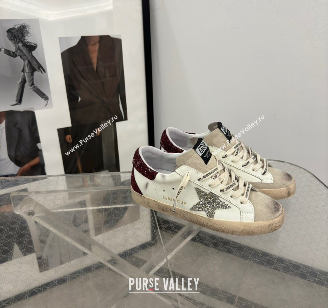 Golden Goose Super-Star Sneakers in white leather with silver glitter star and burgundy heel 2024 (13-241009057)