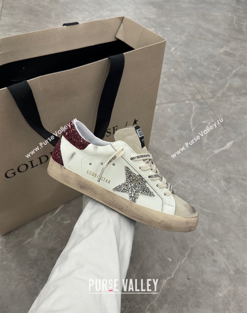 Golden Goose Super-Star Sneakers in white leather with silver glitter star and burgundy heel 2024 (13-241009057)