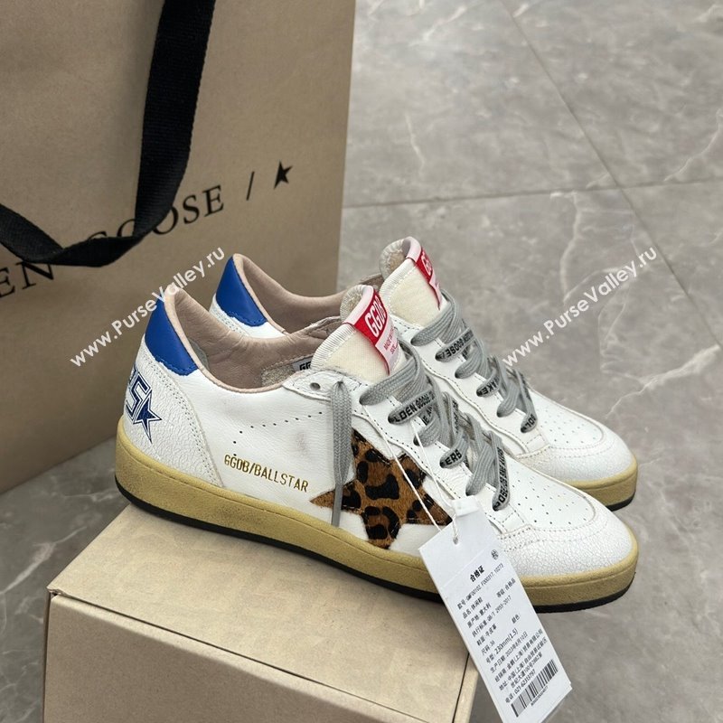 Golden Goose Ball Star Sneakers in white leather with leopard-print star and blue heel 2024 (13-241009062)