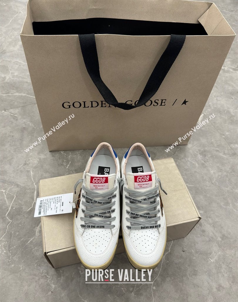 Golden Goose Ball Star Sneakers in white leather with leopard-print star and blue heel 2024 (13-241009062)