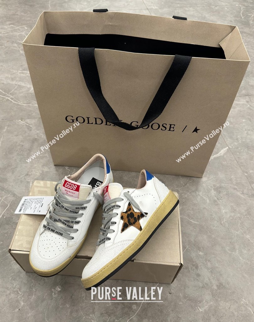 Golden Goose Ball Star Sneakers in white leather with leopard-print star and blue heel 2024 (13-241009062)