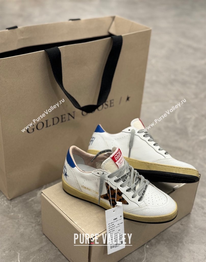 Golden Goose Ball Star Sneakers in white leather with leopard-print star and blue heel 2024 (13-241009062)