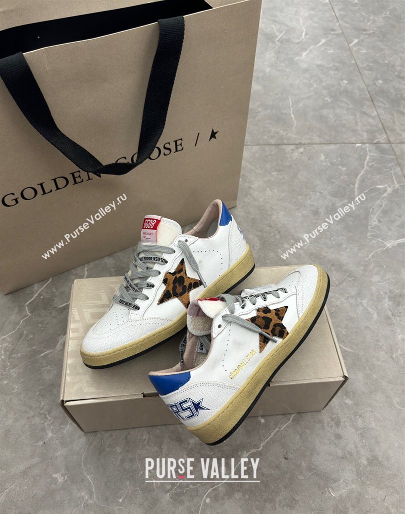 Golden Goose Ball Star Sneakers in white leather with leopard-print star and blue heel 2024 (13-241009062)