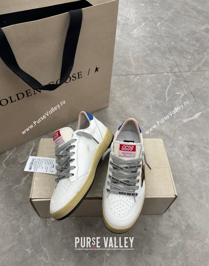 Golden Goose Ball Star Sneakers in white leather with leopard-print star and blue heel 2024 (13-241009062)