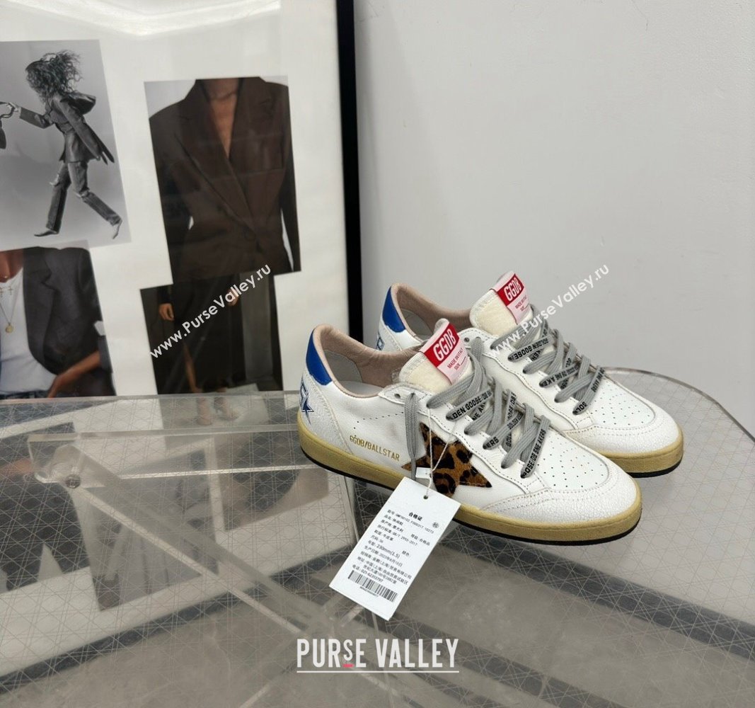 Golden Goose Ball Star Sneakers in white leather with leopard-print star and blue heel 2024 (13-241009062)