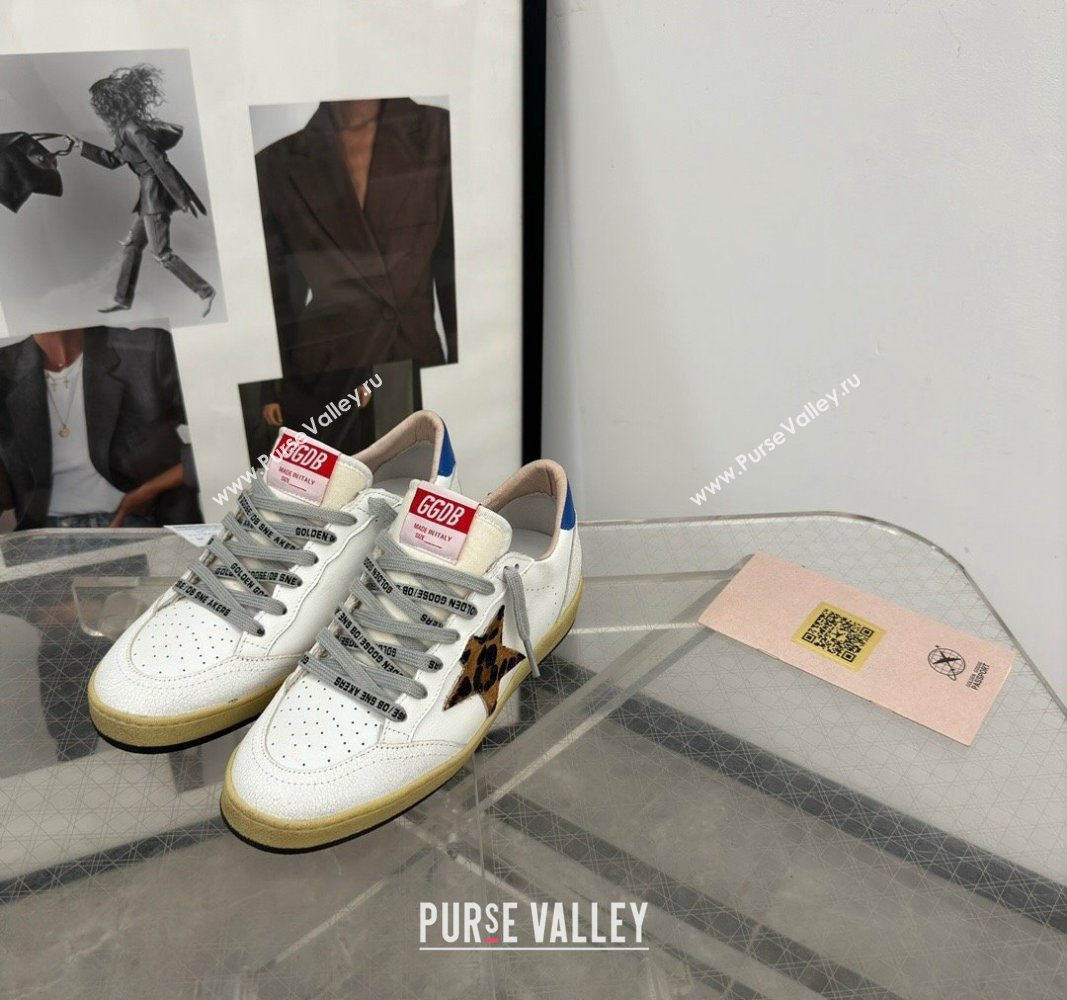 Golden Goose Ball Star Sneakers in white leather with leopard-print star and blue heel 2024 (13-241009062)