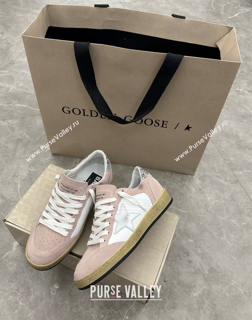 Golden Goose Ball Star Sneakers in light pink suede with silver star and sequins heel 2024 (13-241009063)