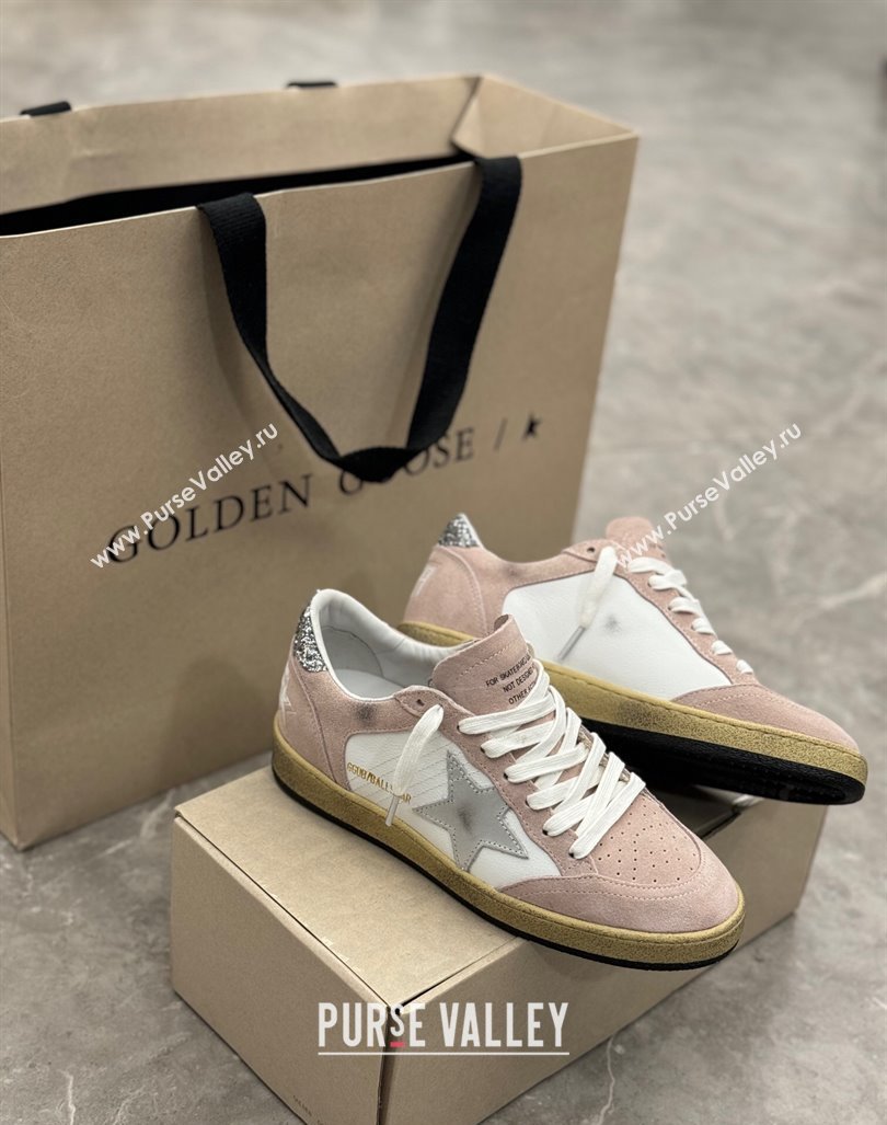 Golden Goose Ball Star Sneakers in light pink suede with silver star and sequins heel 2024 (13-241009063)