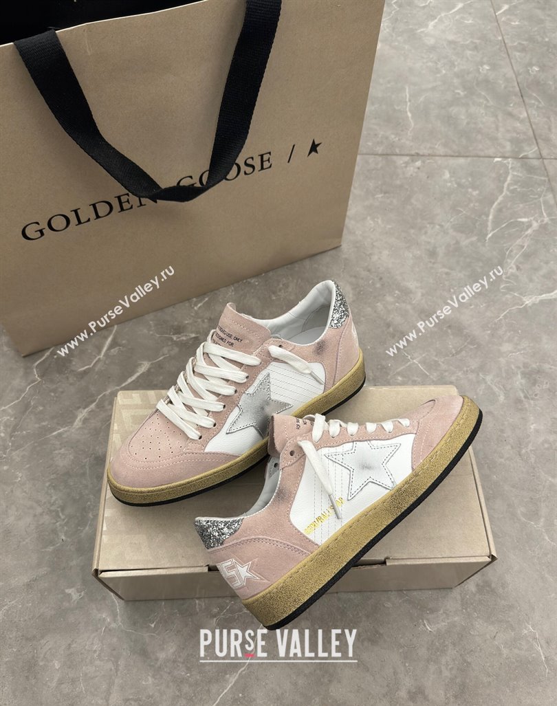 Golden Goose Ball Star Sneakers in light pink suede with silver star and sequins heel 2024 (13-241009063)