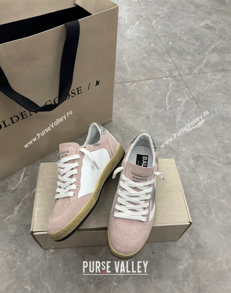 Golden Goose Ball Star Sneakers in light pink suede with silver star and sequins heel 2024 (13-241009063)