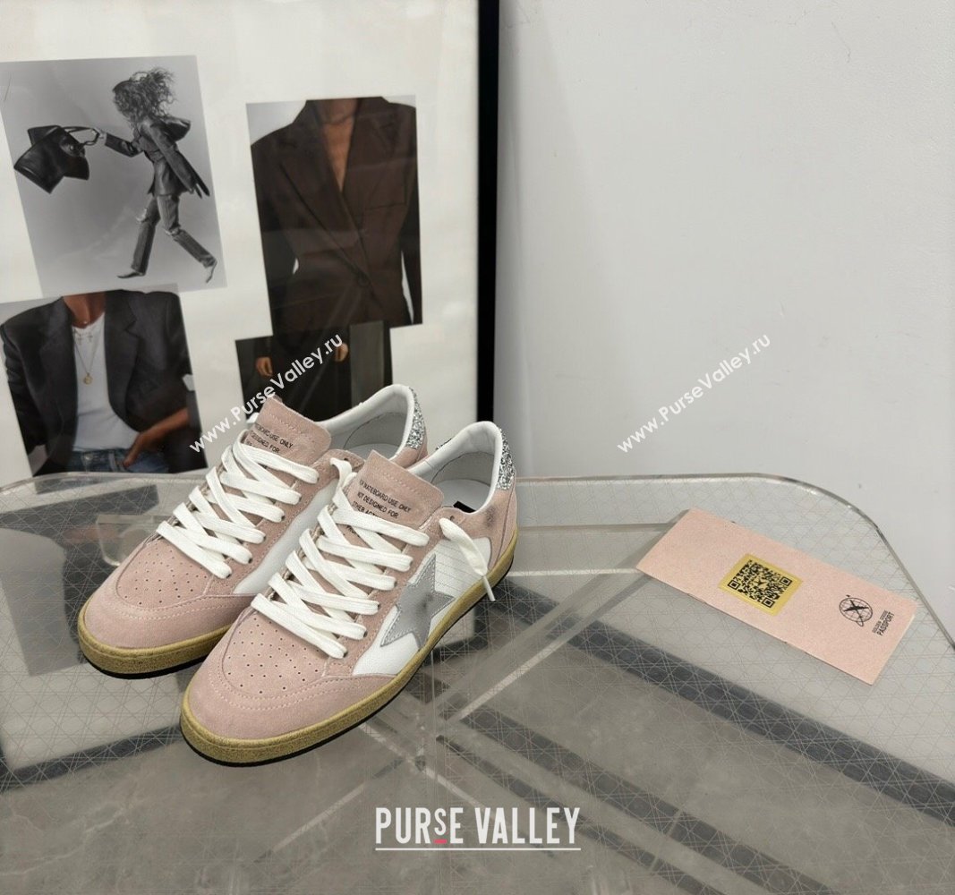 Golden Goose Ball Star Sneakers in light pink suede with silver star and sequins heel 2024 (13-241009063)