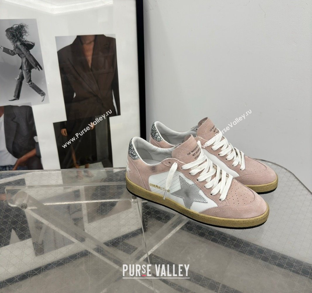 Golden Goose Ball Star Sneakers in light pink suede with silver star and sequins heel 2024 (13-241009063)