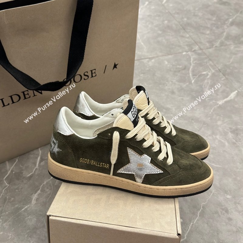 Golden Goose Ball Star Sneakers in khaki green suede with silver star and leather heel tab 2024 (13-241009059)