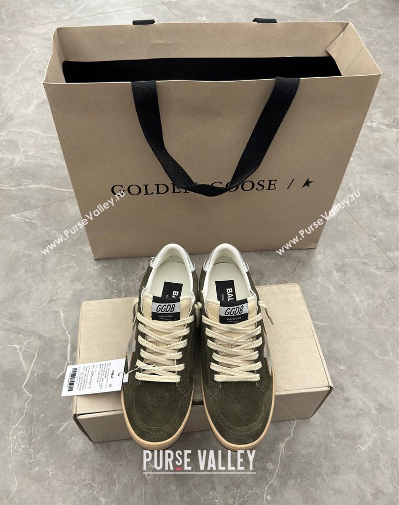 Golden Goose Ball Star Sneakers in khaki green suede with silver star and leather heel tab 2024 (13-241009059)