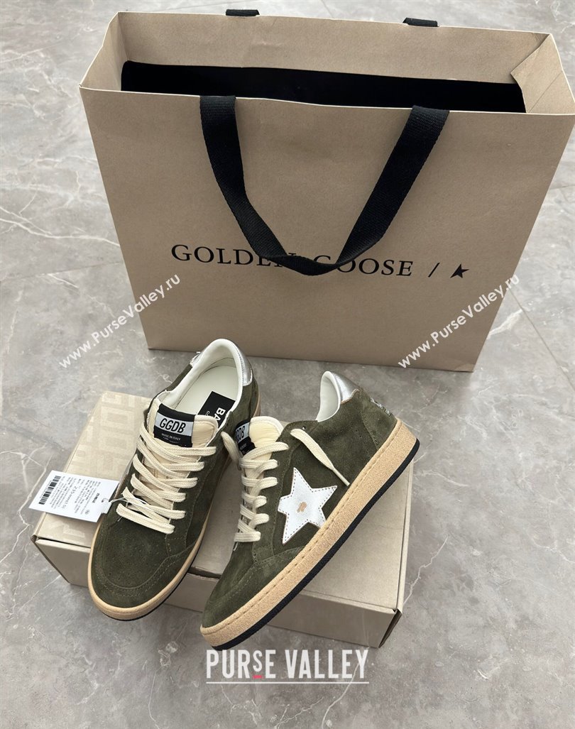 Golden Goose Ball Star Sneakers in khaki green suede with silver star and leather heel tab 2024 (13-241009059)