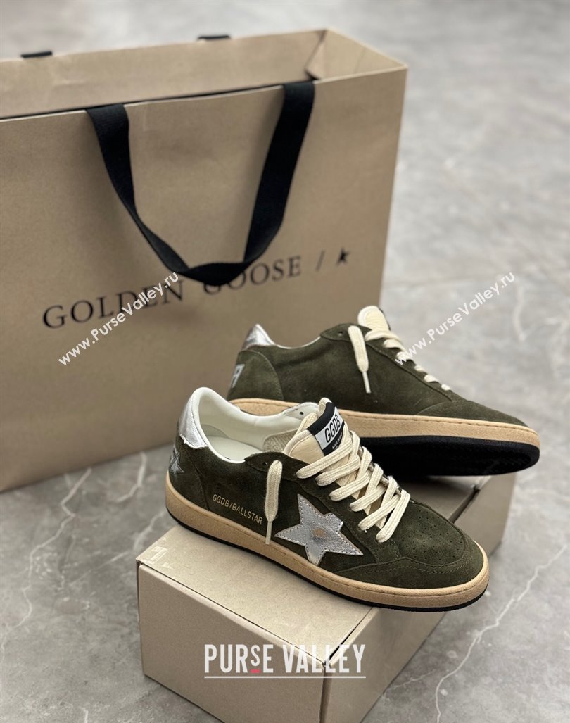 Golden Goose Ball Star Sneakers in khaki green suede with silver star and leather heel tab 2024 (13-241009059)