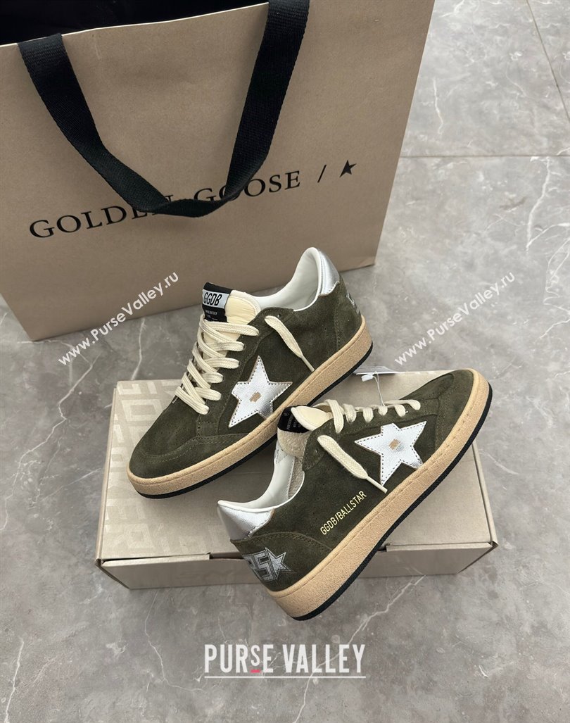 Golden Goose Ball Star Sneakers in khaki green suede with silver star and leather heel tab 2024 (13-241009059)