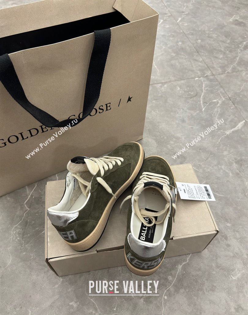 Golden Goose Ball Star Sneakers in khaki green suede with silver star and leather heel tab 2024 (13-241009059)