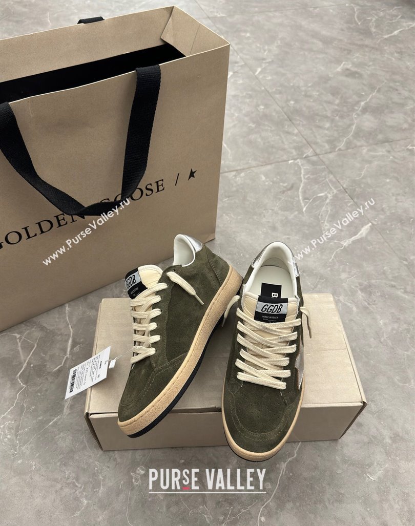 Golden Goose Ball Star Sneakers in khaki green suede with silver star and leather heel tab 2024 (13-241009059)