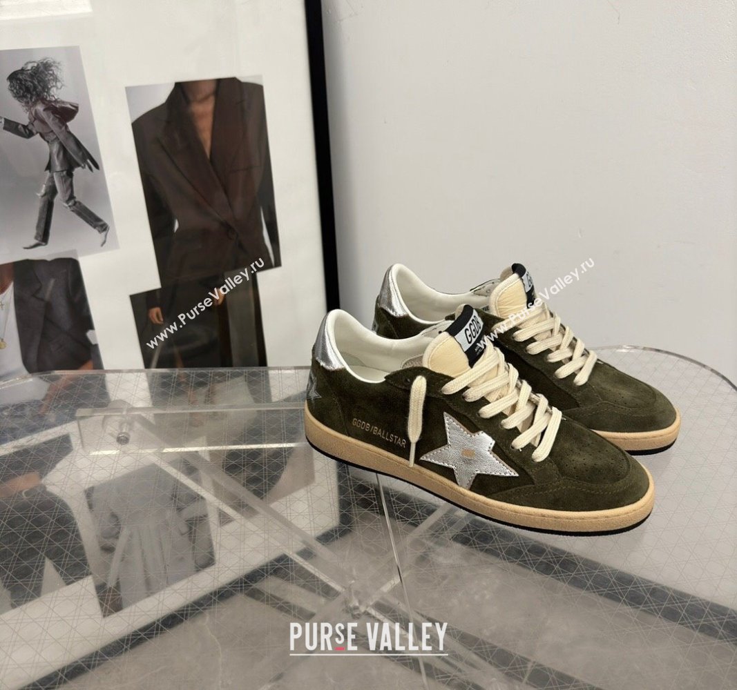 Golden Goose Ball Star Sneakers in khaki green suede with silver star and leather heel tab 2024 (13-241009059)