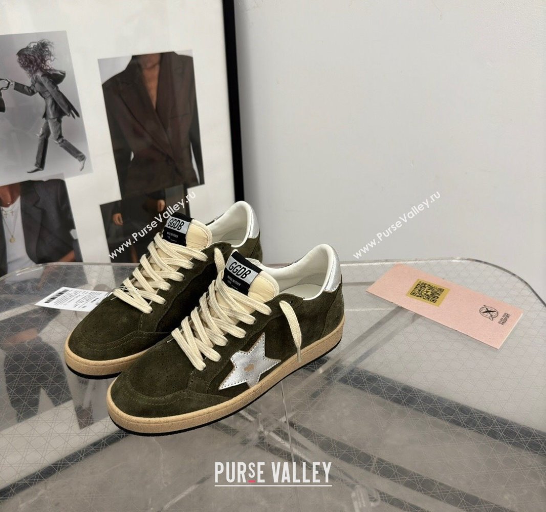 Golden Goose Ball Star Sneakers in khaki green suede with silver star and leather heel tab 2024 (13-241009059)