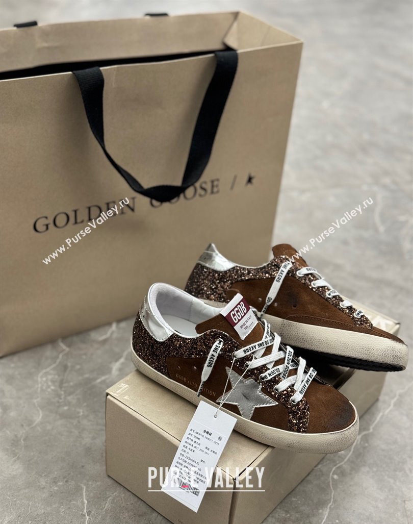 Golden Goose Super-Star LTD Sneakers in brown glitter and suede with silver leather star and heel tab 2024 (13-241009050)