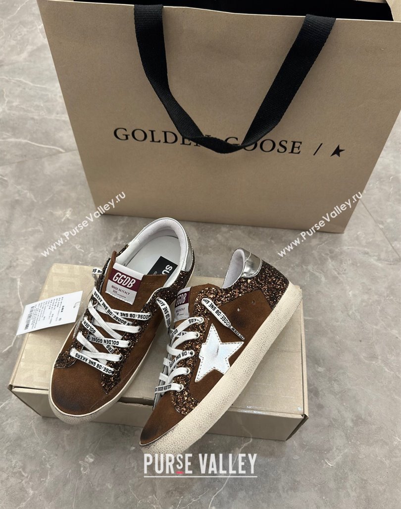 Golden Goose Super-Star LTD Sneakers in brown glitter and suede with silver leather star and heel tab 2024 (13-241009050)