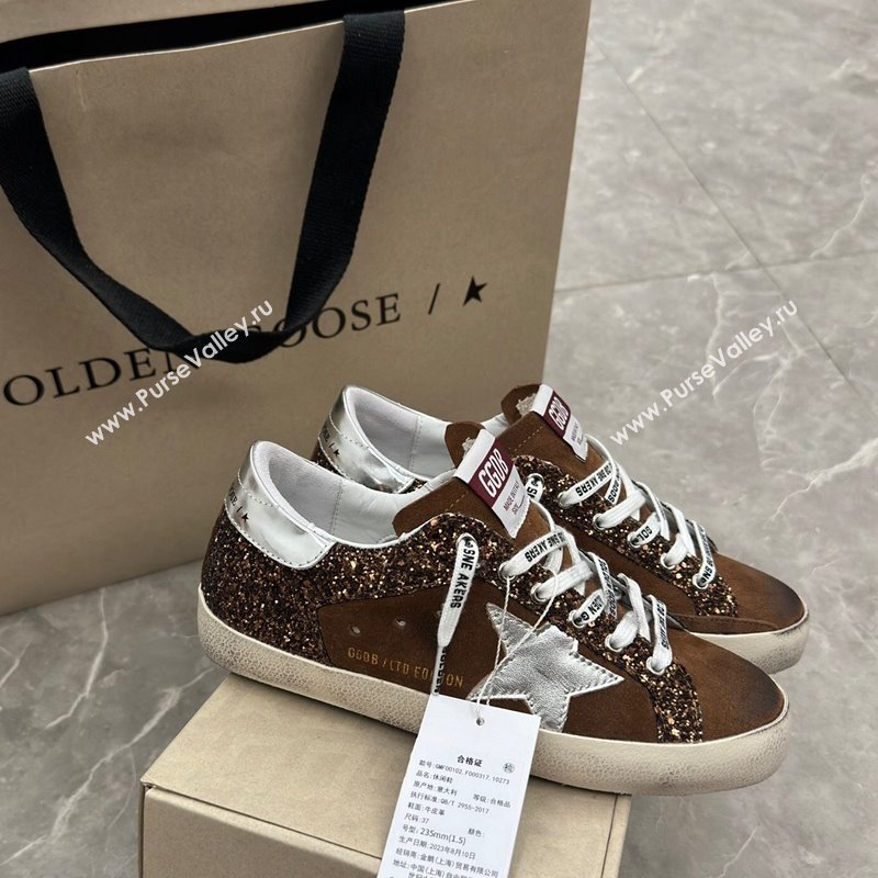 Golden Goose Super-Star LTD Sneakers in brown glitter and suede with silver leather star and heel tab 2024 (13-241009050)