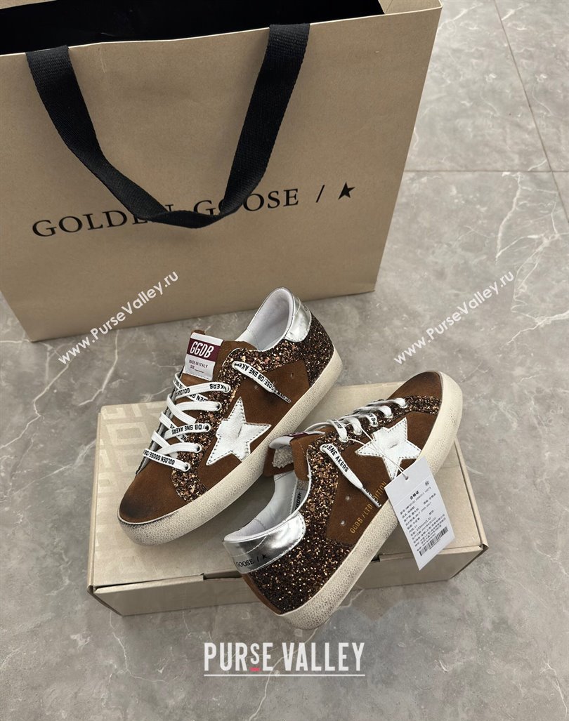 Golden Goose Super-Star LTD Sneakers in brown glitter and suede with silver leather star and heel tab 2024 (13-241009050)