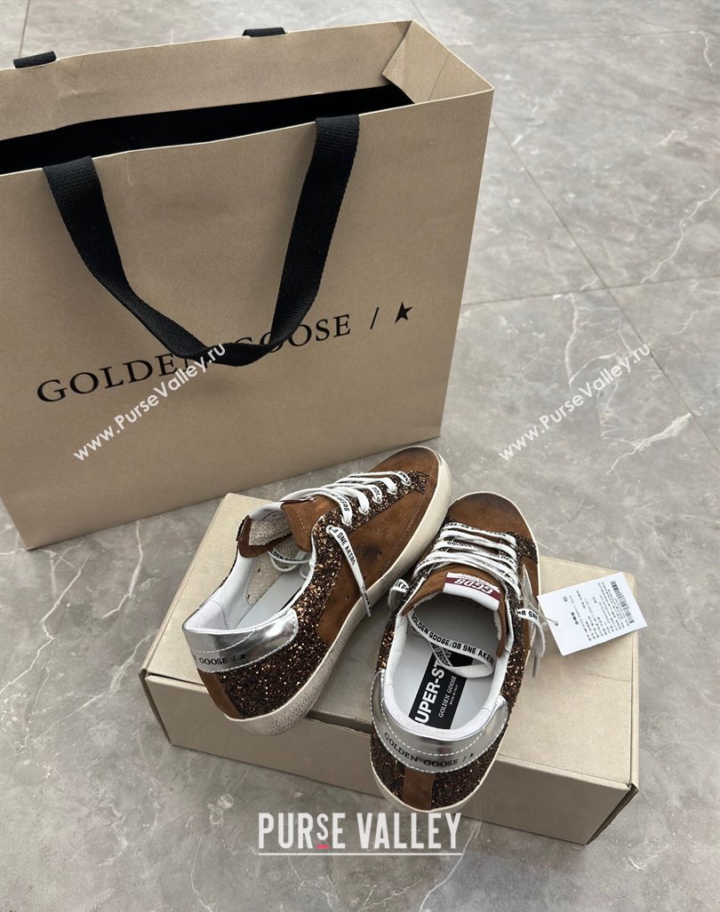 Golden Goose Super-Star LTD Sneakers in brown glitter and suede with silver leather star and heel tab 2024 (13-241009050)