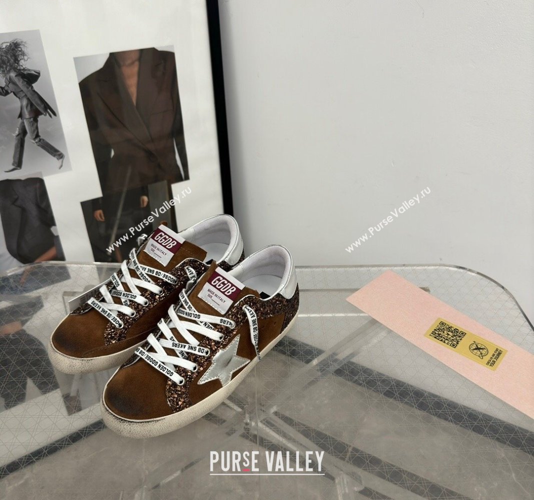 Golden Goose Super-Star LTD Sneakers in brown glitter and suede with silver leather star and heel tab 2024 (13-241009050)