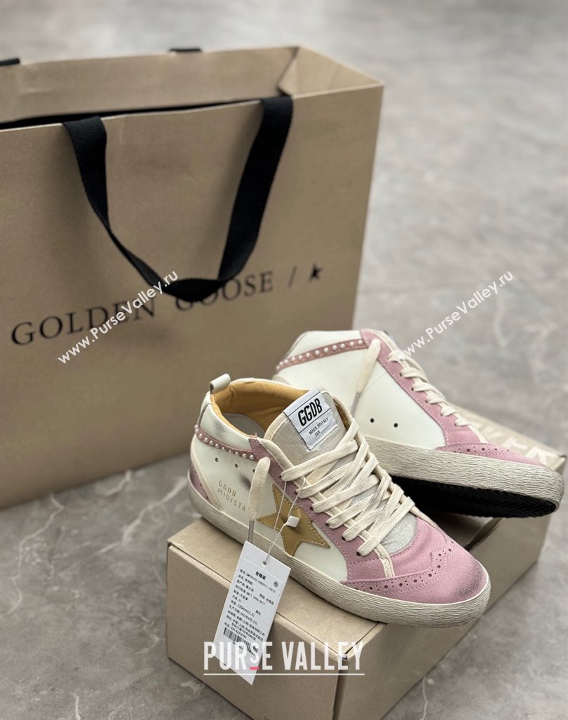 Golden Goose Mid Star Sneakers in white leather and pink suede with pearls 2024 (13-241009066)