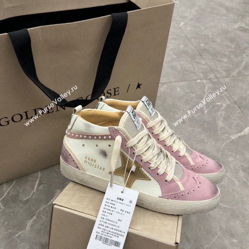 Golden Goose Mid Star Sneakers in white leather and pink suede with pearls 2024 (13-241009066)