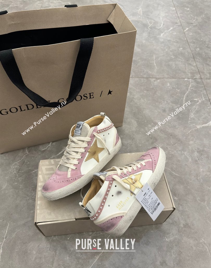 Golden Goose Mid Star Sneakers in white leather and pink suede with pearls 2024 (13-241009066)