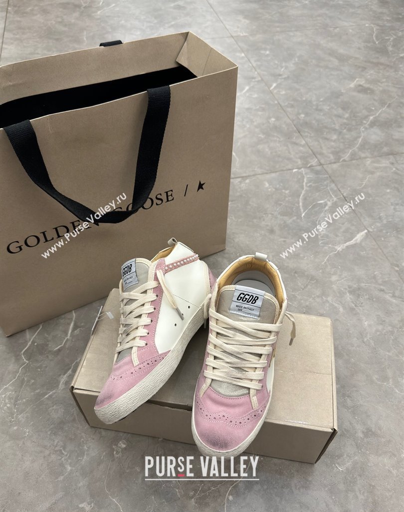 Golden Goose Mid Star Sneakers in white leather and pink suede with pearls 2024 (13-241009066)