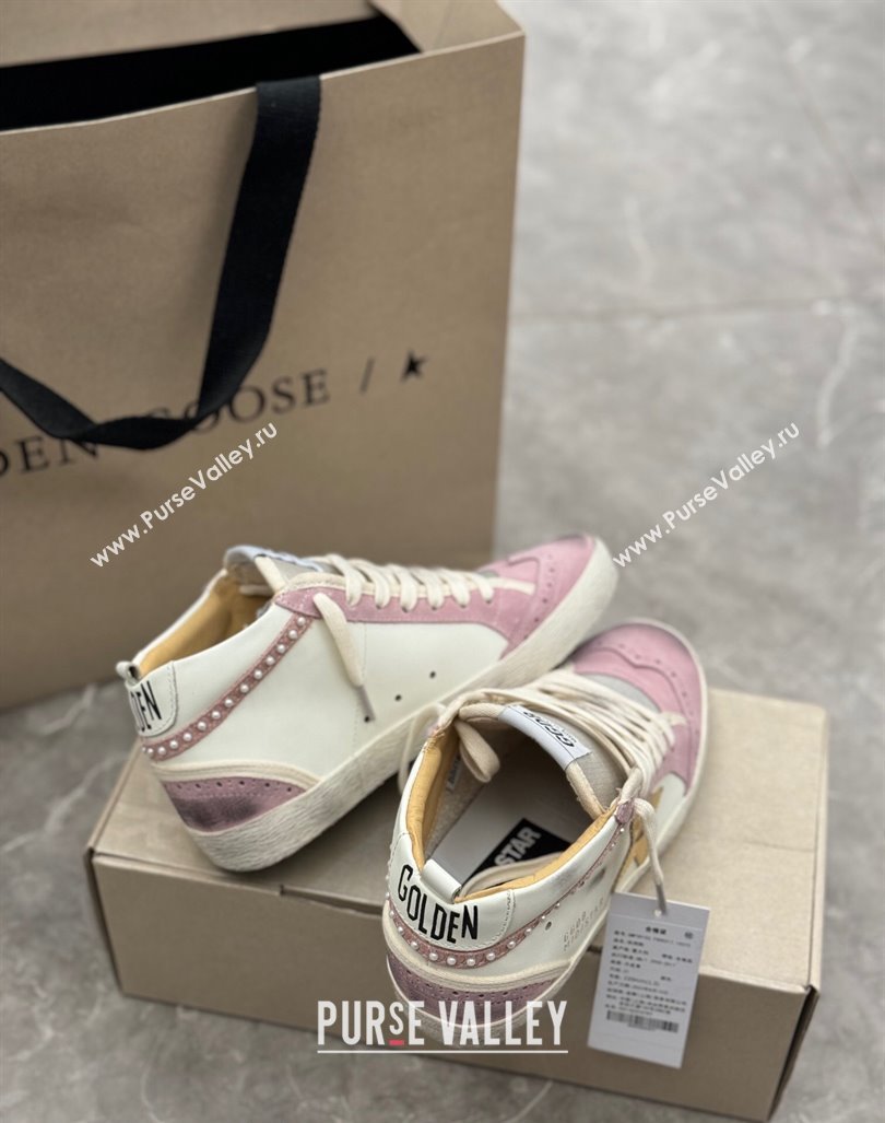 Golden Goose Mid Star Sneakers in white leather and pink suede with pearls 2024 (13-241009066)