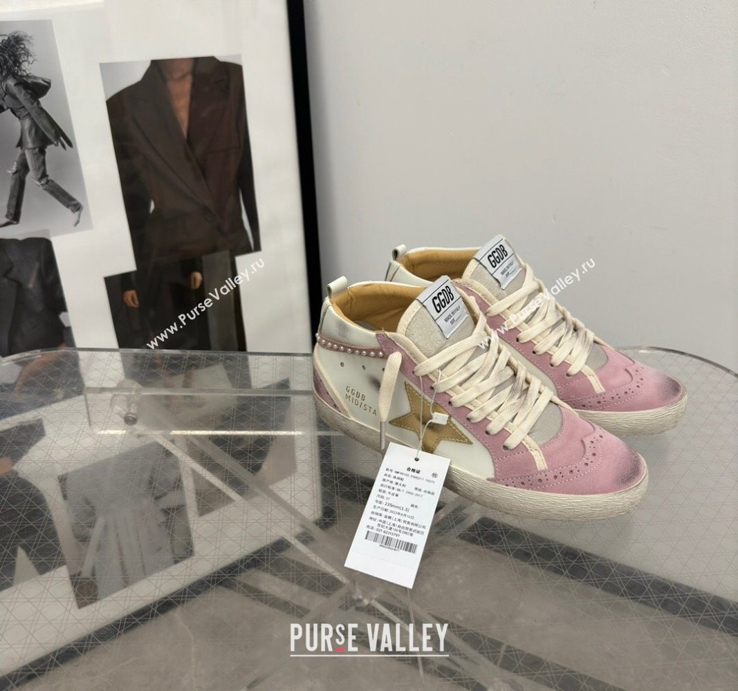 Golden Goose Mid Star Sneakers in white leather and pink suede with pearls 2024 (13-241009066)