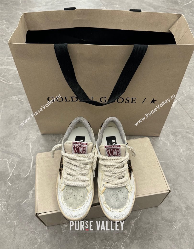 Golden Goose Ball Star in white leather with leopard print pony skin star and heel tab 2024 1224 (13-241224020)