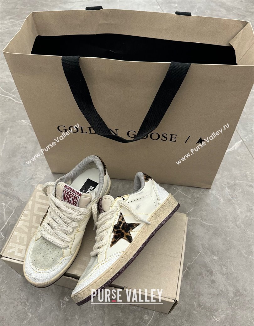 Golden Goose Ball Star in white leather with leopard print pony skin star and heel tab 2024 1224 (13-241224020)