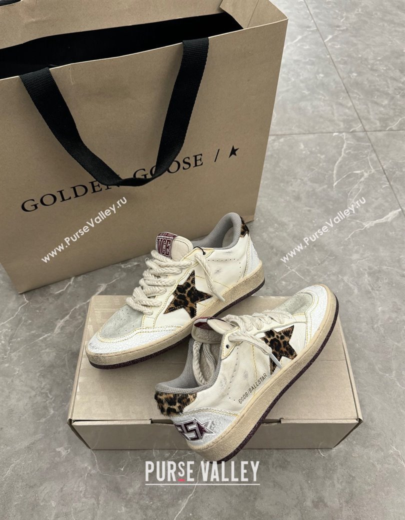 Golden Goose Ball Star in white leather with leopard print pony skin star and heel tab 2024 1224 (13-241224020)