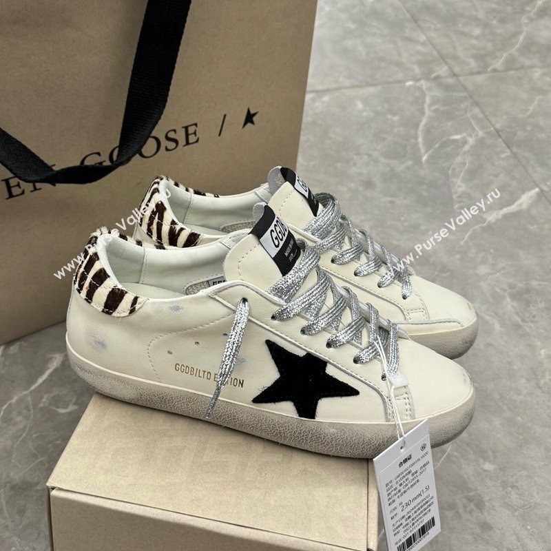 Golden Goose Super-Star Sneakers in white leather with leopard print pony skin heel tab 2024 1224 (13-241224021)