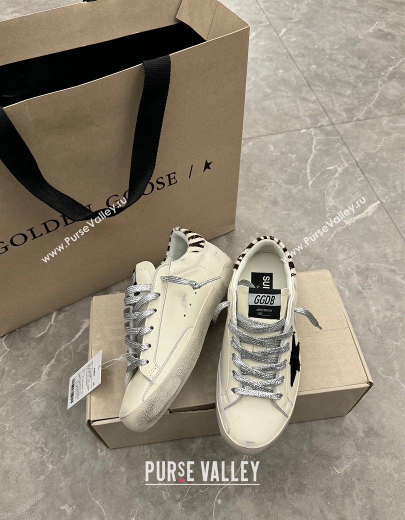 Golden Goose Super-Star Sneakers in white leather with leopard print pony skin heel tab 2024 1224 (13-241224021)