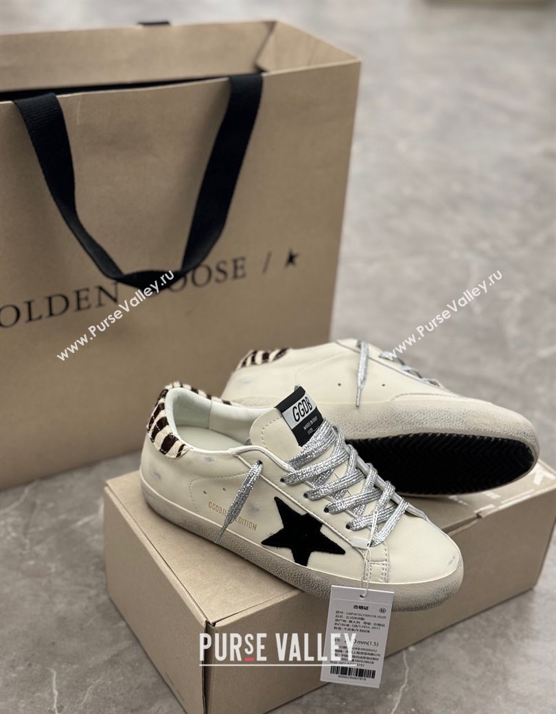 Golden Goose Super-Star Sneakers in white leather with leopard print pony skin heel tab 2024 1224 (13-241224021)