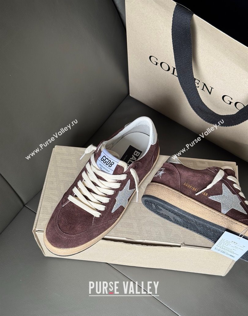 Golden Goose Ball Star Sneakers in brown suede with glitter star 2025 0605 (13-250605008)
