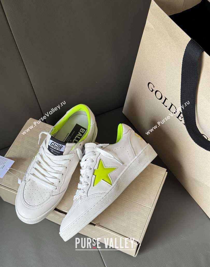 Golden Goose Ball Star Sneakers in white leather and neon green star 2025 0605 (13-250605009)