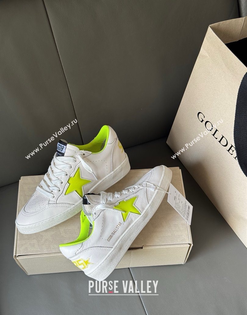 Golden Goose Ball Star Sneakers in white leather and neon green star 2025 0605 (13-250605009)