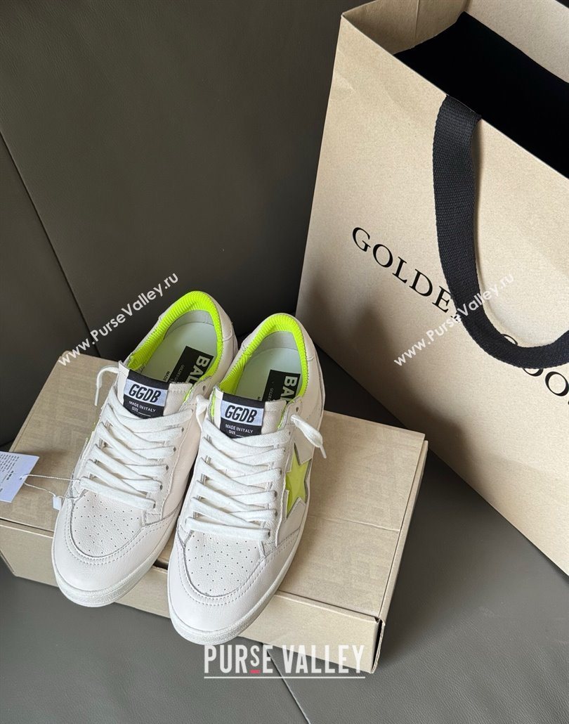 Golden Goose Ball Star Sneakers in white leather and neon green star 2025 0605 (13-250605009)